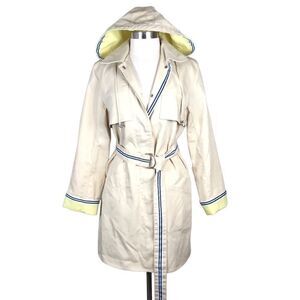 Dennis Basso Trench Coat Belted Removable Hood Beige & Yellow With Navy Stripes